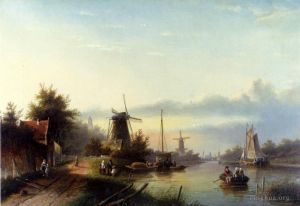 艺术家扬·雅各布·斯伯勒作品《荷兰运河上的船》