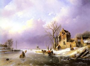 艺术家扬·雅各布·斯伯勒作品《冬季风景与冰冻河上的人物》