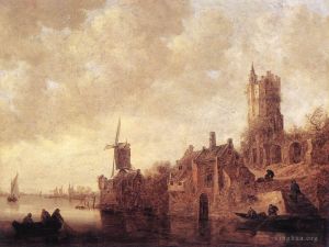 艺术家扬·凡·霍延作品《有风车和城堡废墟的河流景观》