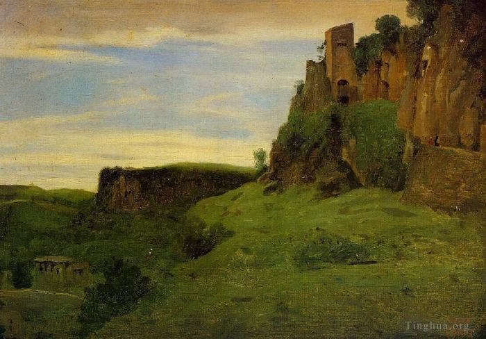 让·巴蒂斯特·卡米耶·柯罗 的油画作品 -  《奇维塔卡斯特兰岩石高处的建筑，又名,La,Porta,San,Salvatore》