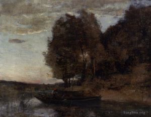 艺术家让·巴蒂斯特·卡米耶·柯罗作品《渔夫沿着树木繁茂的风景划船》