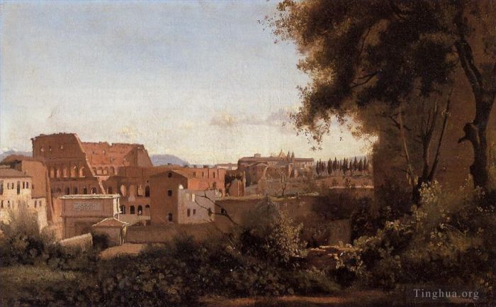 让·巴蒂斯特·卡米耶·柯罗 的油画作品 -  《中午从法尔内塞花园看罗马，又名罗马斗兽场研究》