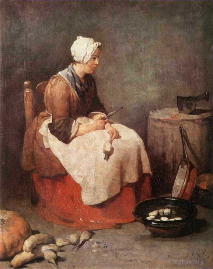 让·巴蒂斯特·西蒙·夏尔丹 的油画作品 -  《削蔬菜皮的女孩》