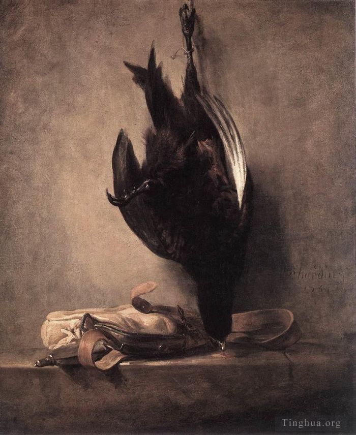 让·巴蒂斯特·西蒙·夏尔丹 的油画作品 -  《静物与死野鸡和狩猎袋》