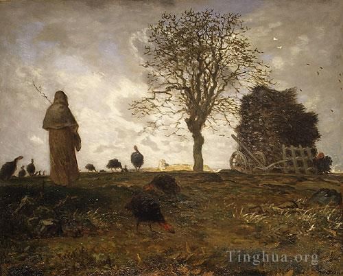让·弗朗索瓦·米勒 的油画作品 -  《秋天的风景与一群火鸡》