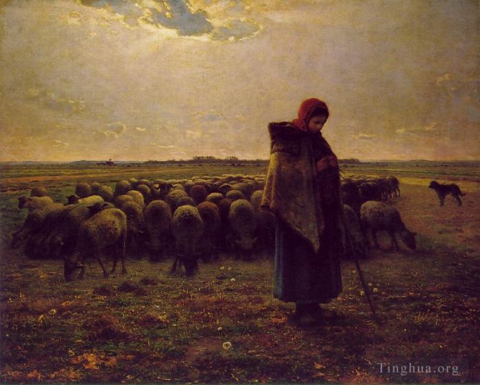 让·弗朗索瓦·米勒 的油画作品 -  《牧羊女与她的羊群》