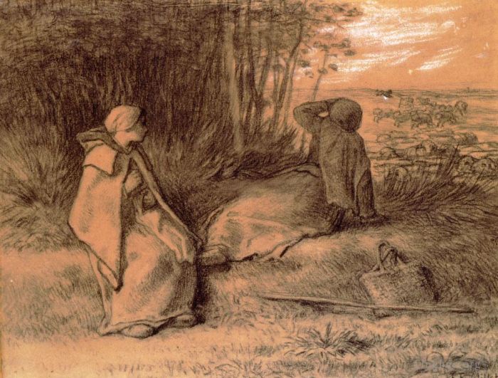 让·弗朗索瓦·米勒 的各类绘画作品 -  《坐在树荫下的牧羊女》