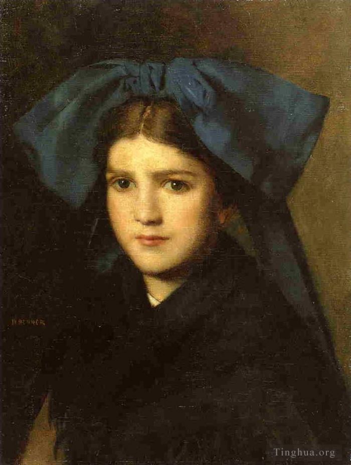让·雅克斯·埃内尔 的油画作品 -  《头发上系着蝴蝶结的年轻女孩的肖像》