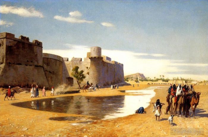 让·莱昂·杰罗姆 的油画作品 -  《埃及防御城镇外的阿拉伯商队》