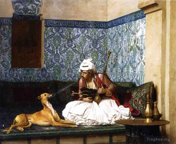 让·莱昂·杰罗姆 的油画作品 -  《阿诺特向他的狗鼻子喷烟》