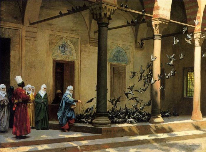让·莱昂·杰罗姆 的油画作品 -  《后宫妇女在院子里喂鸽子》