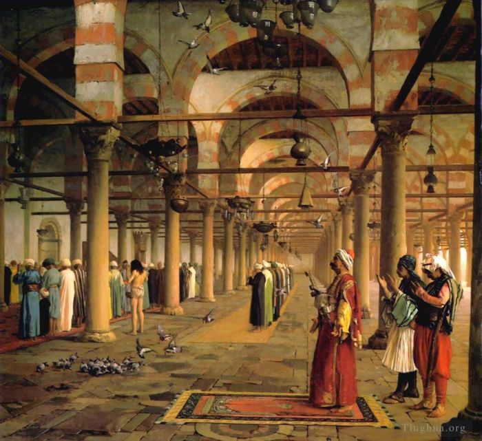 让·莱昂·杰罗姆 的油画作品 -  《开罗阿姆鲁清真寺的公开祈祷》