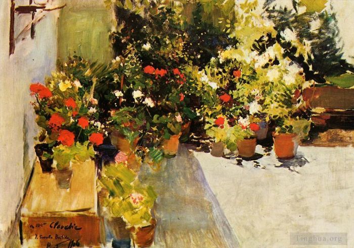 华金·索罗利亚·巴斯蒂达 的油画作品 -  《开满鲜花的屋顶》