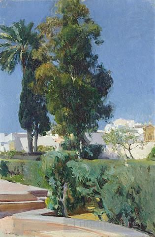 华金·索罗利亚·巴斯蒂达 的油画作品 -  《花园一角,Alcazar,Sevilla,GTY,景观,Joaquin,Sorolla》