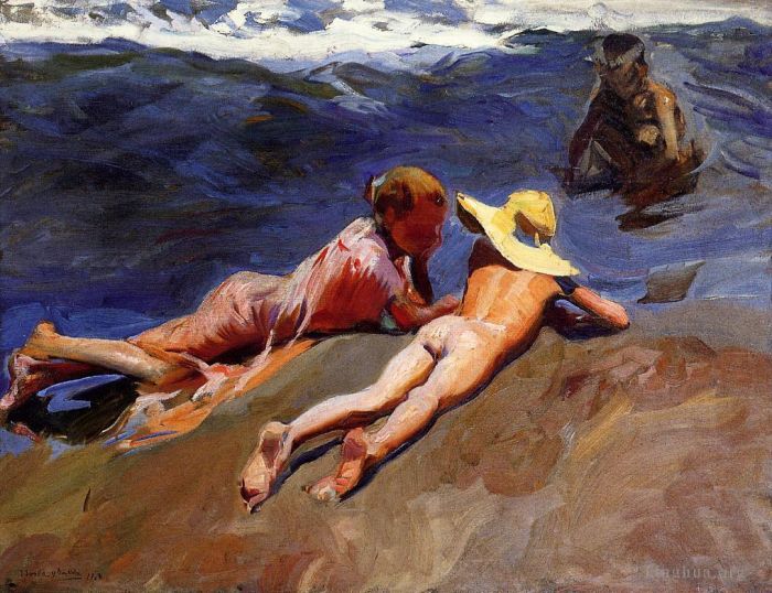 华金·索罗利亚·巴斯蒂达 的油画作品 -  《瓦伦西亚海滩上的沙滩》