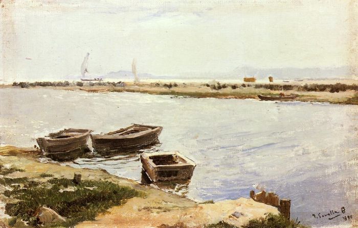 华金·索罗利亚·巴斯蒂达 的油画作品 -  《岸边三艘船》