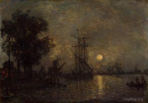 艺术家约翰·巴托特·琼坎作品《荷兰风景与停靠的船》
