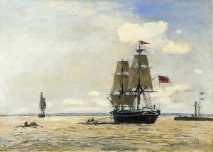 艺术家约翰·巴托特·琼坎作品《挪威海军舰艇离开翁弗勒尔港》
