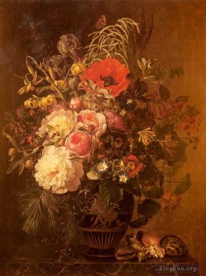 艺术家约翰·劳伦茨·延森作品《希腊花瓶里有鲜花的静物》