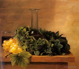 艺术家约翰·劳伦茨·延森作品《桌上有葡萄和葡萄酒的静物画》