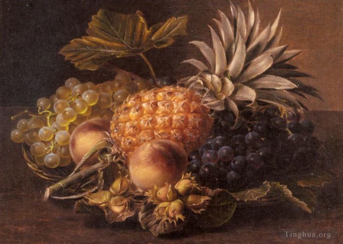 约翰·劳伦茨·延森 的油画作品 -  《篮子里的葡萄,菠萝,桃子和榛子》