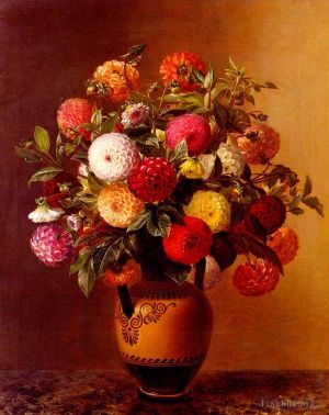 艺术家约翰·劳伦茨·延森作品《花瓶里的大丽花静物画》