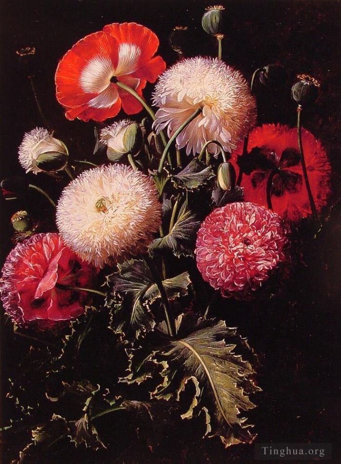 约翰·劳伦茨·延森 的油画作品 -  《静物与粉红,红色和白色罂粟花》