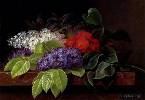 艺术家约翰·劳伦茨·延森作品《大理石壁架上的白色和紫色丁香山茶花和山毛榉叶》