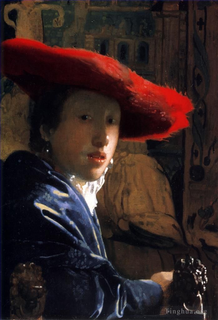 扬·弗美尔 的油画作品 -  《戴红帽子的女孩》