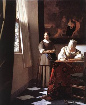 艺术家扬·弗美尔作品《女士与女仆写信》