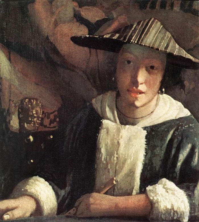 扬·弗美尔 的油画作品 -  《拿着长笛的年轻女孩》