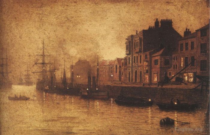 约翰·阿特金森·格里姆肖 的油画作品 -  《晚上惠特比港》