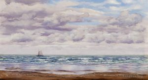 艺术家约翰·布雷特作品《海岸边的渔船聚集云彩》