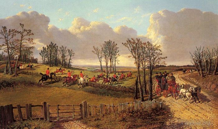 小约翰·弗雷德里克·费林 的油画作品 -  《一辆教练和四人在开阔道路上打猎的场景》