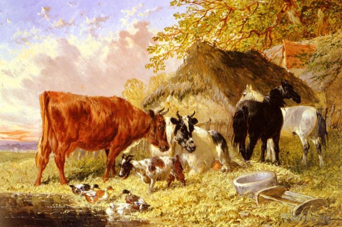 小约翰·弗雷德里克·费林 的油画作品 -  《农舍旁的马,牛,鸭子和山羊》