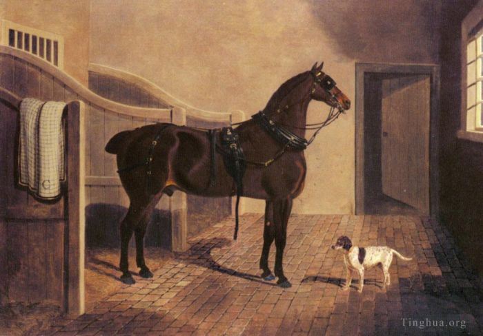 老约翰·弗雷德里克·费林 的油画作品 -  《马厩里最喜欢的教练马和狗》