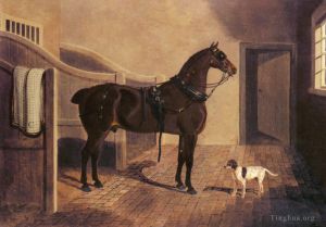 艺术家老约翰·弗雷德里克·费林作品《马厩里最喜欢的教练马和狗》