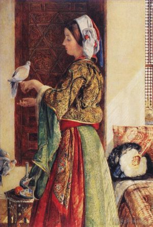 艺术家约翰·弗雷德里克·刘易斯作品《女孩与两只关在笼子里的鸽子》