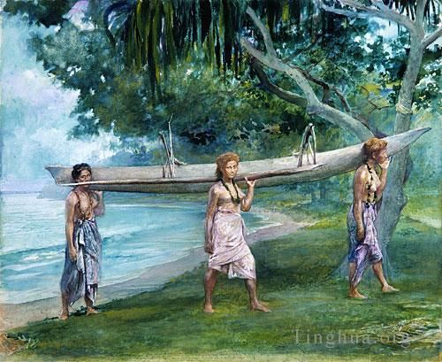 约翰·拉法基 的油画作品 -  《萨摩亚女孩背着独木舟,Vaiala》