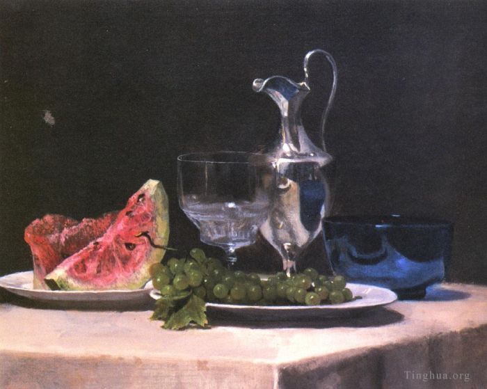 约翰·拉法基 的油画作品 -  《银玻璃和水果的静物研究》