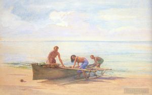 艺术家约翰·拉法基作品《绘制独木舟的妇女》