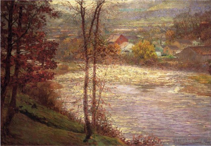 约翰·奥蒂斯·亚当斯 的油画作品 -  《印第安纳州布鲁克伊尔白水河的早晨》