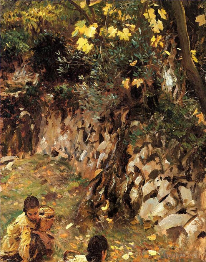 约翰·辛格·萨金特 的油画作品 -  《女孩们在马略卡岛瓦尔德莫萨采集花朵》