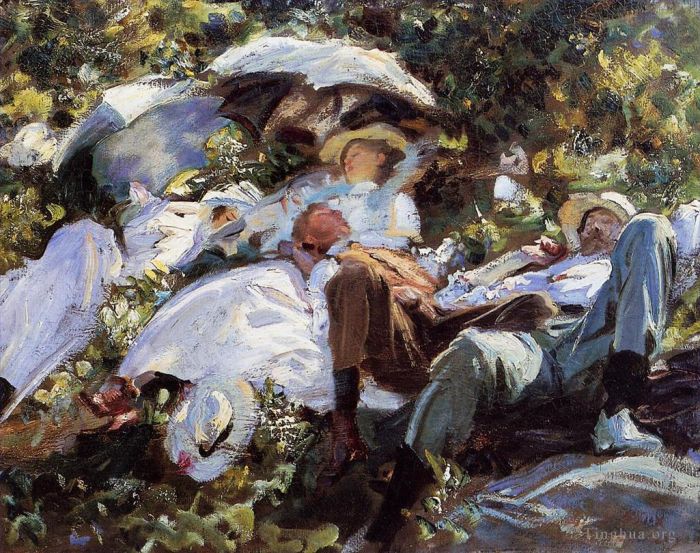 约翰·辛格·萨金特 的油画作品 -  《打着阳伞午睡》