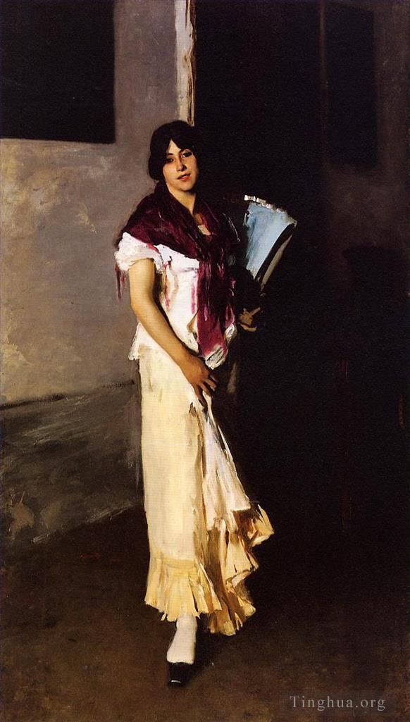 约翰·辛格·萨金特 的油画作品 -  《意大利女孩与粉丝肖像》