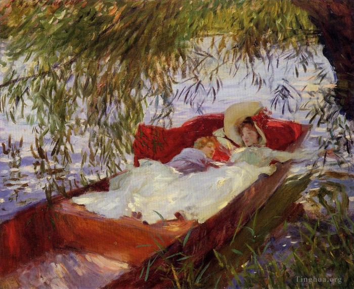 约翰·辛格·萨金特 的油画作品 -  《两个女人在柳树下的平底船上睡着了》