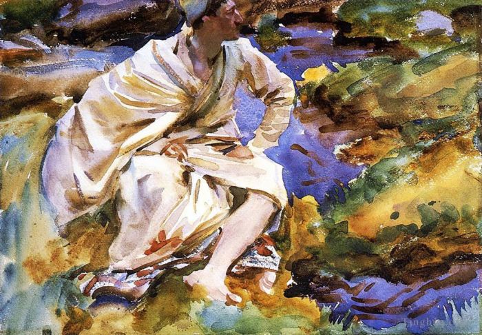 约翰·辛格·萨金特 的各类绘画作品 -  《坐在溪边的男人,Val,dAosta,Purtud》