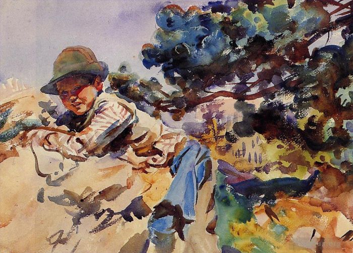 约翰·辛格·萨金特 的各类绘画作品 -  《岩石上的男孩》