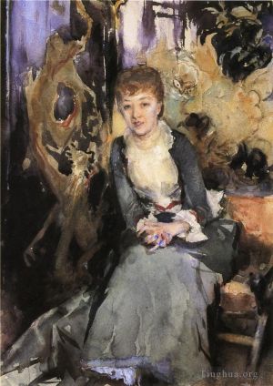 艺术家约翰·辛格·萨金特作品《鲁贝尔小姐坐在屏幕肖像前》