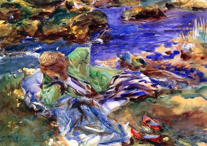 约翰·辛格·萨金特 的各类绘画作品 -  《穿着土耳其服装的女人,溪边的土耳其女人》